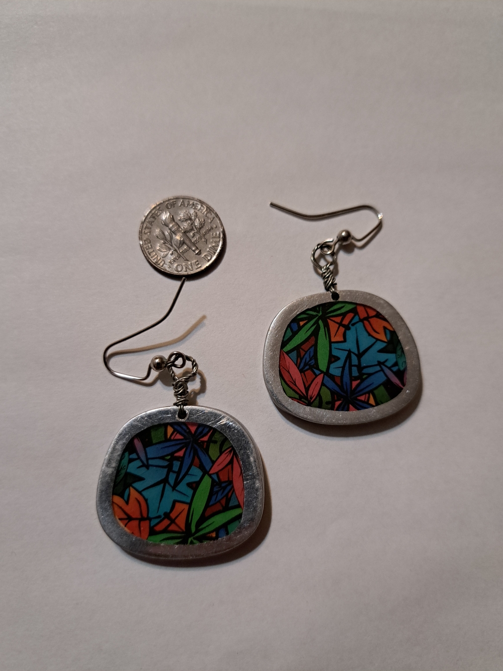 Colorful Leaf Pattern Silver Dangle Earrings - Blue, Orange, Green